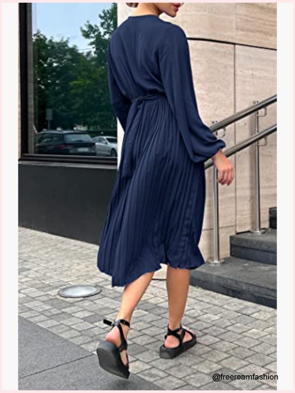Midi Dress Long Puff Sleeve Wrap V Neck Flowy Ruffle Pleated Casual - Picture 5 of 7